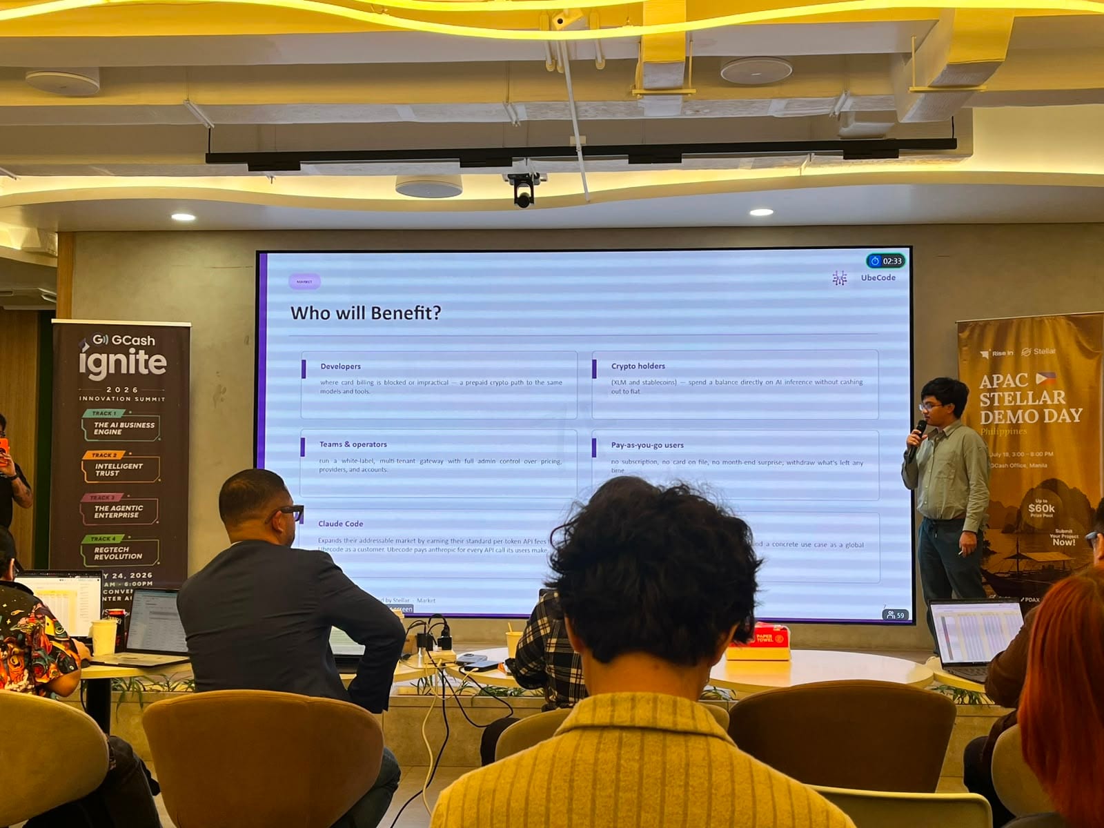 The UbeCode pitch on screen, showing its "Who will benefit?" slide