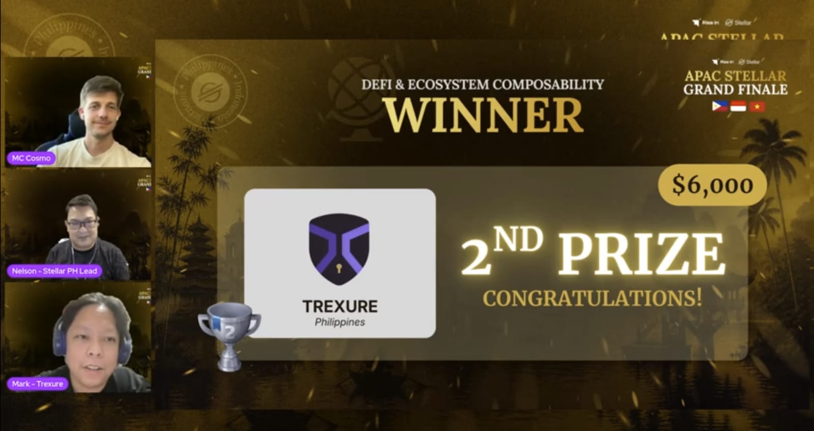 The livestream moment announcing Trexure as the 2nd prize winner of the DeFi & Ecosystem Composability track, with the host, the Stellar Philippines lead, and the Trexure team on the call