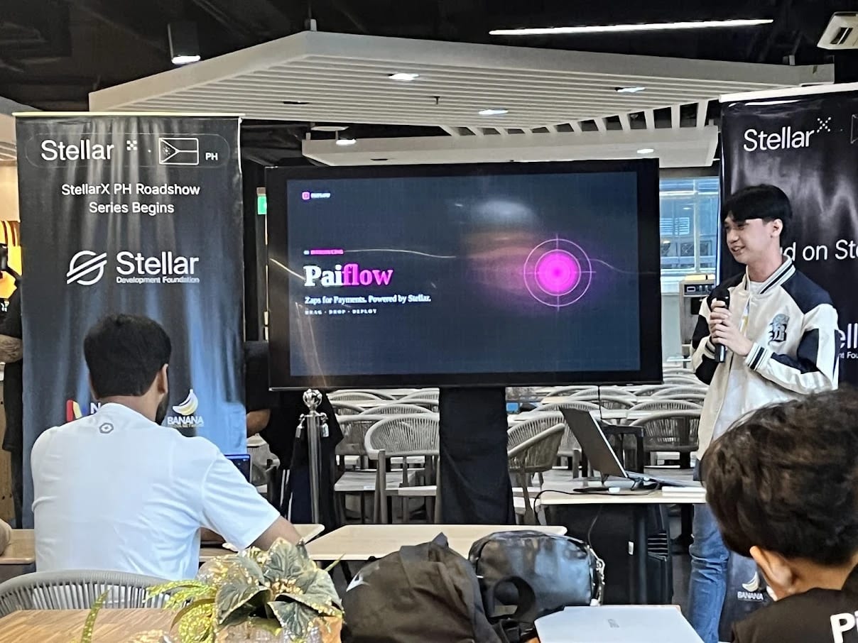 Mychal Pejana presenting Paiflow — "Zaps for Payments. Powered by Stellar." — at the StellarX PH Roadshow