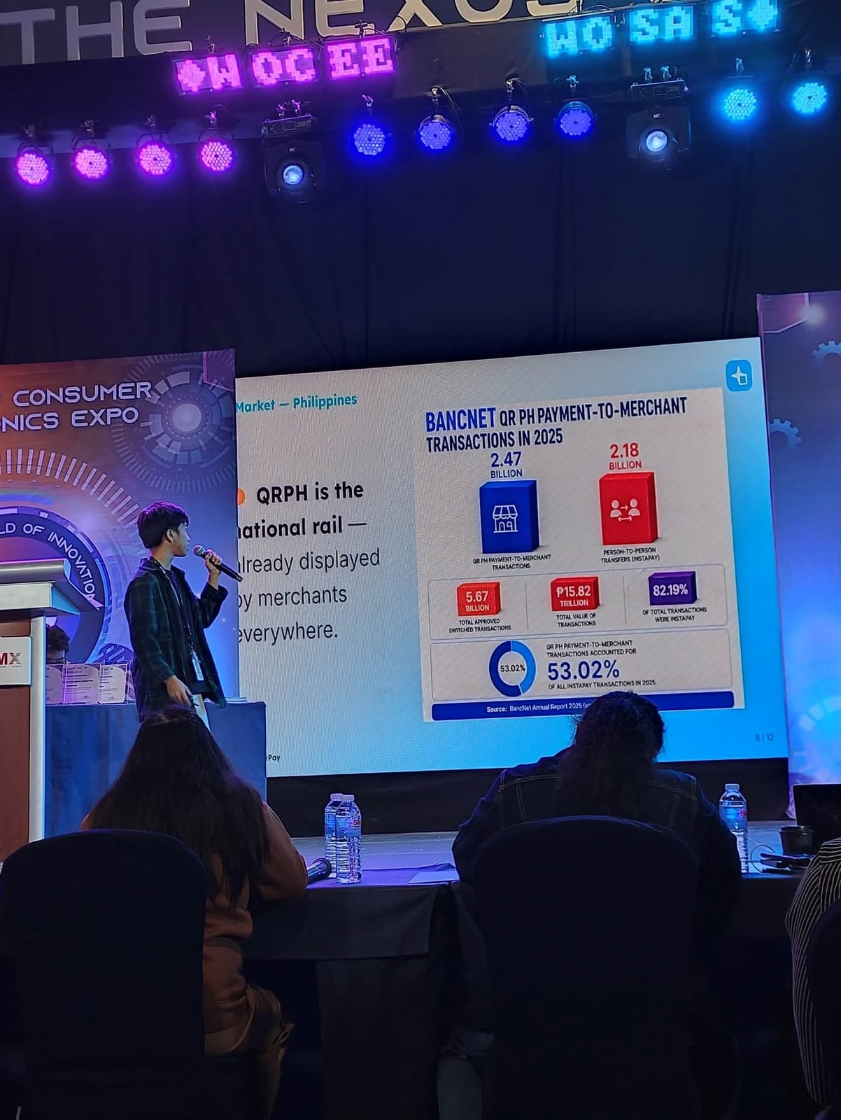 The HeyPay pitch on screen, showing BancNet's 2025 QR PH payment-to-merchant transaction figures